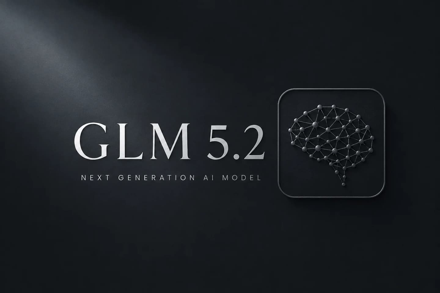 Graphic with GLM 5.2 text and a neural network symbol on a dark background