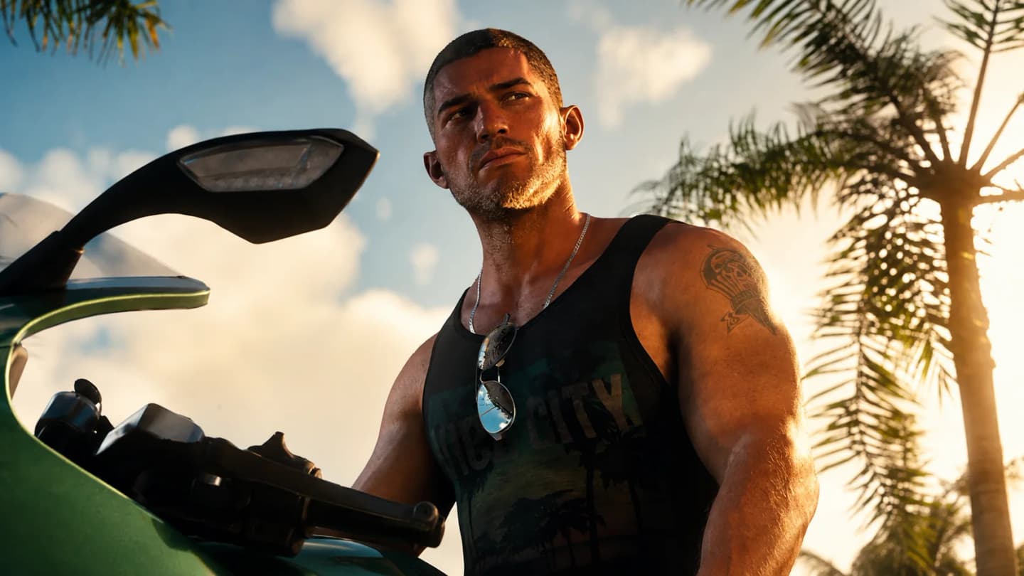 A GTA 6-style character standing beside a motorcycle under palm trees in warm sunlight